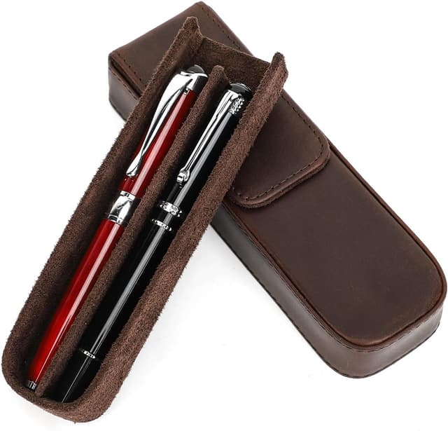 Detalle de CONTACT'S FAMILY 2-Slot Genuine Leather Pen Case (Vintage, Handmade) – Coffee