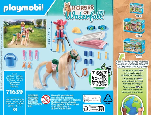 Detalle de PLAYMOBIL Horses of Waterfall 71639 Ellie & Pferd mit Kreppeisen – Set für kreative Pferdefrisuren