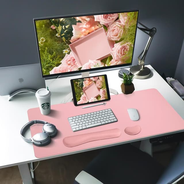 Detalle de Niviy Desk Mat with Wrist Rest (60 x 35 cm) – PU leather desk protector in pink