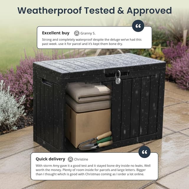 Detalle 2 de Olsen & Smith 170L Lockable Outdoor Garden Plastic Storage Box (Small) – Weather Resistant, Wood Panel Effect (Black)