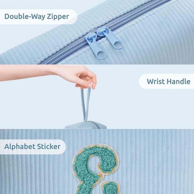 Detalle de FUZVOL A-Z personalised corduroy makeup bag for women (blue letter T) – small travel toiletry pouch