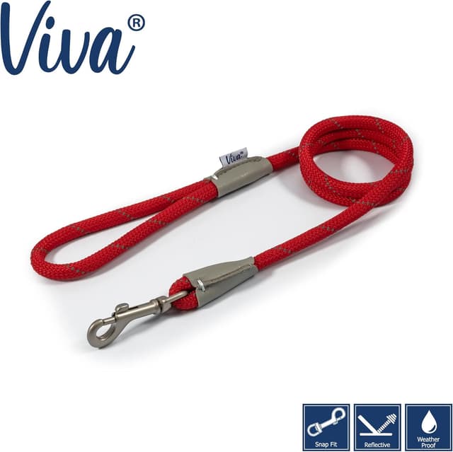 Detalle 1 de Ancol Viva Reflective Rope and Leather Snap Dog Lead (Red) – Weatherproof poly-weave with reflective weave