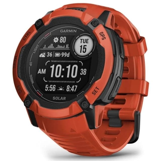 Detalle de Garmin Instinct 2X Solar rojo — reloj inteligente