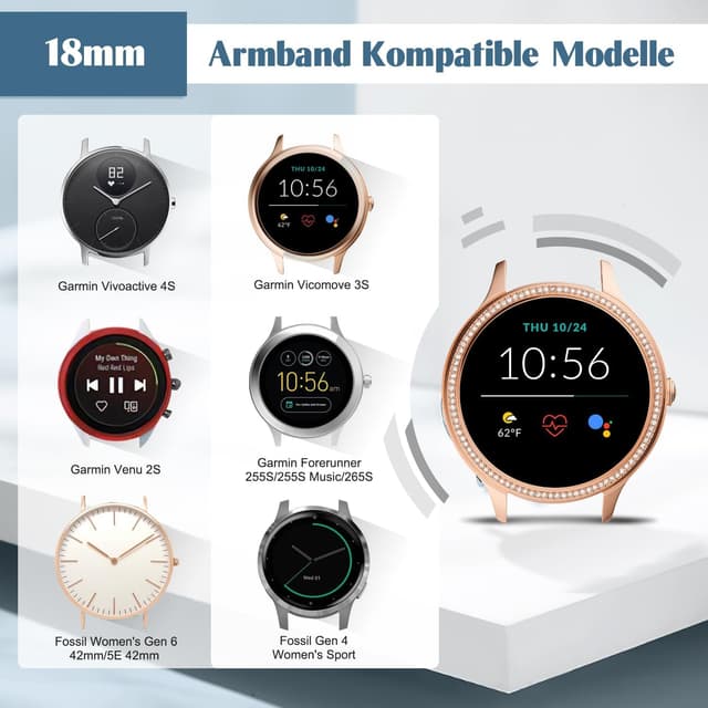 Detalle 2 de Vodtian 18 mm Nylon Armband mit Schnellverschluss – passend für Garmin Venu 2S/3S, Venu/Forerunner 255S & mehr