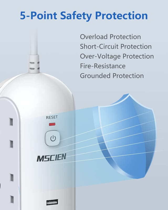 Detalle de Mscien 6-Gang Extension Lead with 3M Cable and 5 USB Ports (Surge Protection up to 3250W)