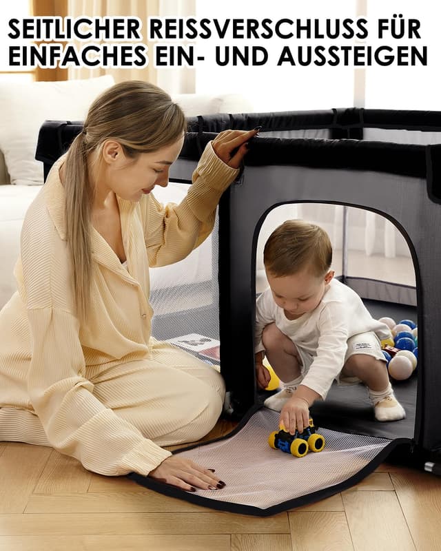 Detalle 2 de derimkcoa Laufstall für Babys mit atmungsaktivem Mesh (130x130x66 cm) – tragbar für drinnen & draußen