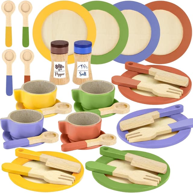 Detalle de Beberolen Wooden Toy Food Set for Kids Kitchen – tea party and pretend cooking dishes, plates and cutlery