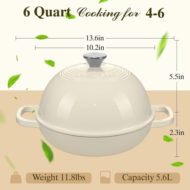 Thumbnail 6 de Enameled Round Cast Iron Bread Oven (6 Qt) – Dutch Oven Bread Pot with Dome Lid & Cotton Potholders, Cream White