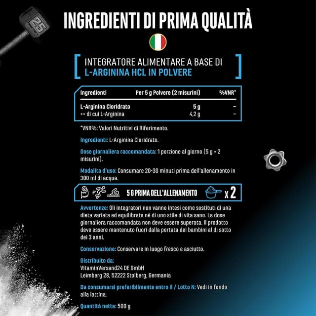 Detalle de GEN German Elite Nutrition L-Arginina HCL 500 g in polvere (L-arginina cloridrato, vegana)