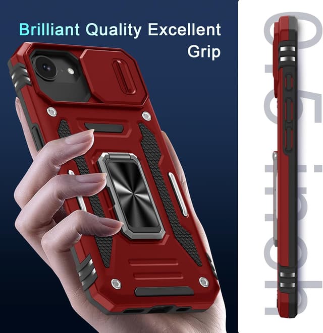 Thumbnail 6 de DEERLAMN iPhone 17e / iPhone 16e 6.1-inch case with sliding camera cover, ring kickstand & shockproof protection (Red, 2-pack screen protectors)