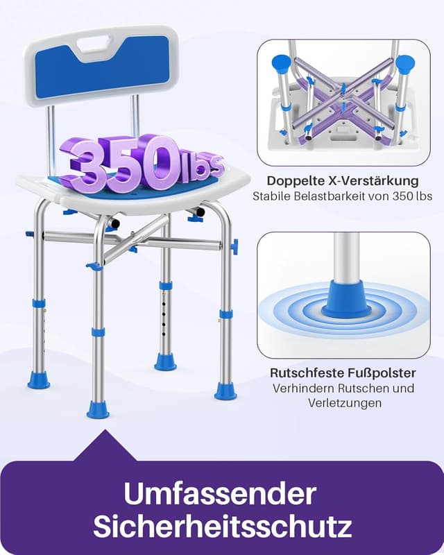 Detalle de KEKOY Duschhocker mit Lehne (2-in-1) – höhenverstellbarer Duschstuhl für Senioren & eingeschränkte Mobilität, Blau