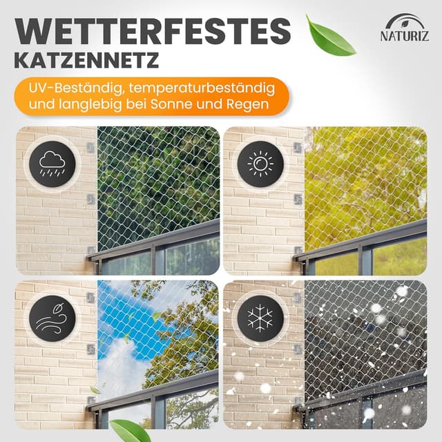 Detalle de Naturiz® Katzennetz für Balkon ohne Bohren (transparent) – inkl. Klebehaken & Silikonkleber, 3x8 m