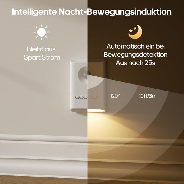 Detalle de GOODEA Nachtlicht mit Bewegungsmelder (2er-Set), USB-C wiederaufladbar, dimmbar, warmweiß