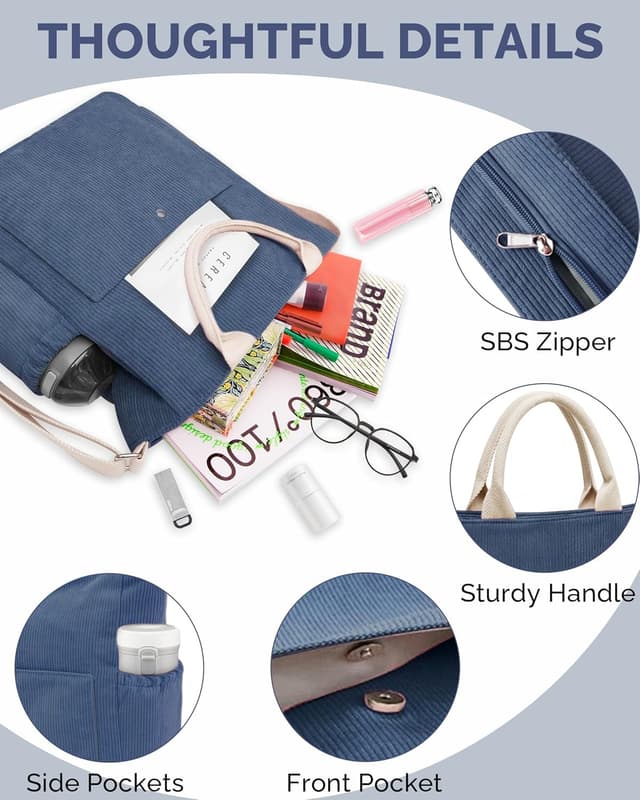 Detalle 2 de Prite corduroy tote bag with zip, large capacity shoulder bag with adjustable strap and pockets