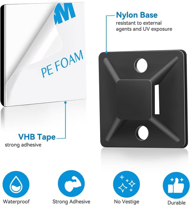 Detalle 2 de 100x Klebesockel für Kabelbinder 18 x 18 mm – selbstklebende Kabelbinderhalter mit Schraubenloch, schwarz