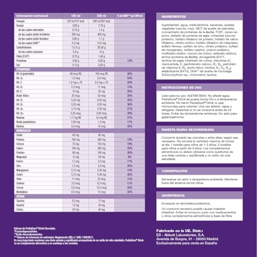 Detalle 2 de Pediasure Drink 🍫 Chocolate, Complemento para Niños, Pack 8x200ml