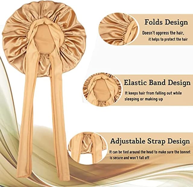 Detalle de GUGUGO Seidenhaube zum Schlafen (Schwarz) – verstellbare Satin-/Seiden-Schlafmütze für Damen