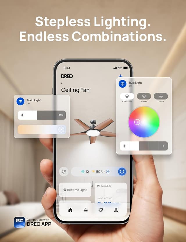 Detalle 2 de DREO Smart Ceiling Fan with Lights (Low Profile, 52in) with Alexa/App Control, Dimmable RGB Ambiance, Black