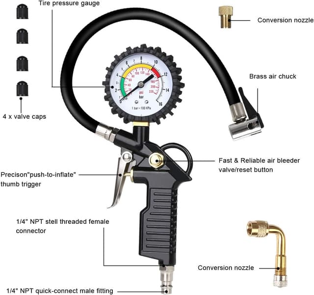 Detalle 2 de URAQT Tyre Pressure Gauge & 220 PSI Tyre Inflator with Pressure Gauge