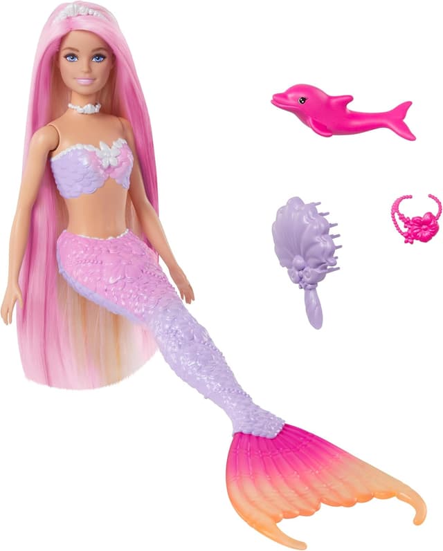 Detalle de Barbie Sirène « Malibu » HRP97 aux cheveux roses (changement de couleur) avec accessoires coiffure et mini dauphin
