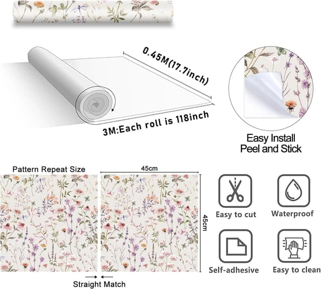 Detalle de ANHUIB Blumen Tapete selbstklebend (44 × 300 cm) – farbenfrohes Boho-Wanddesign als wasserfeste Möbelfolie