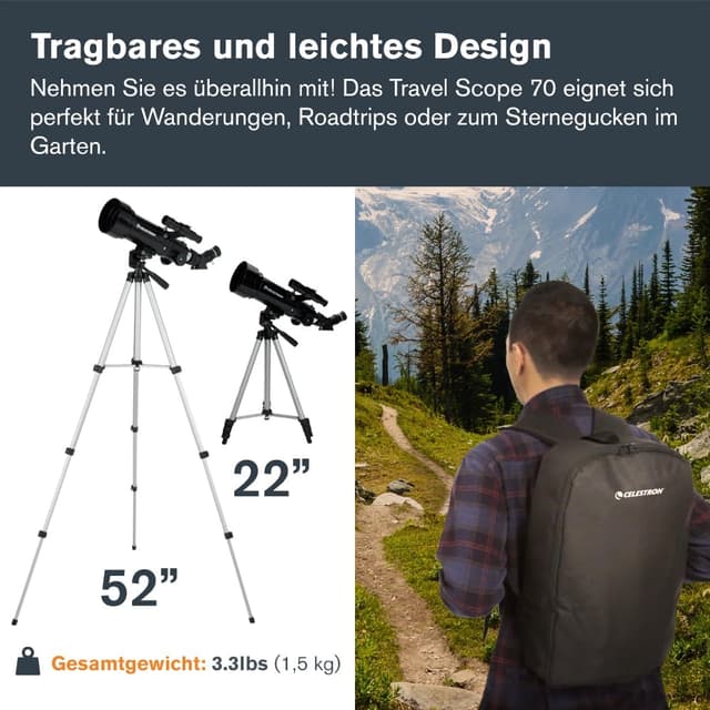 Detalle de Celestron Travel Scope 70 (21035) Refraktor-Kit mit Rucksack – tragbares Einsteiger-Teleskop
