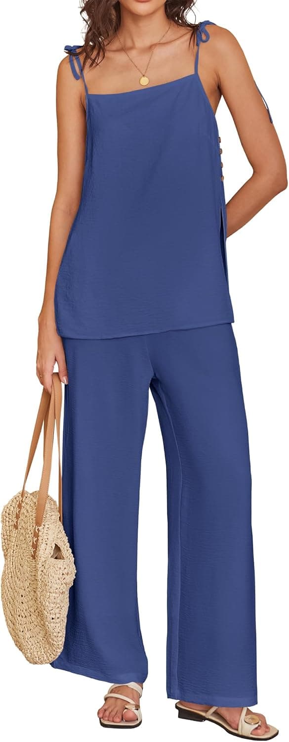 Detalle de ANRABESS 2-Piece Summer Lounge Set for Women: Spaghetti Strap Top + Wide-Leg Pants