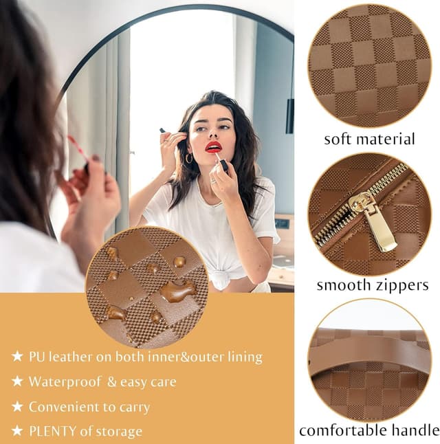 Detalle de Hurluksi PU Travel Makeup Bag with Dividers and Handle (Brown) – Large Capacity Cosmetic Case