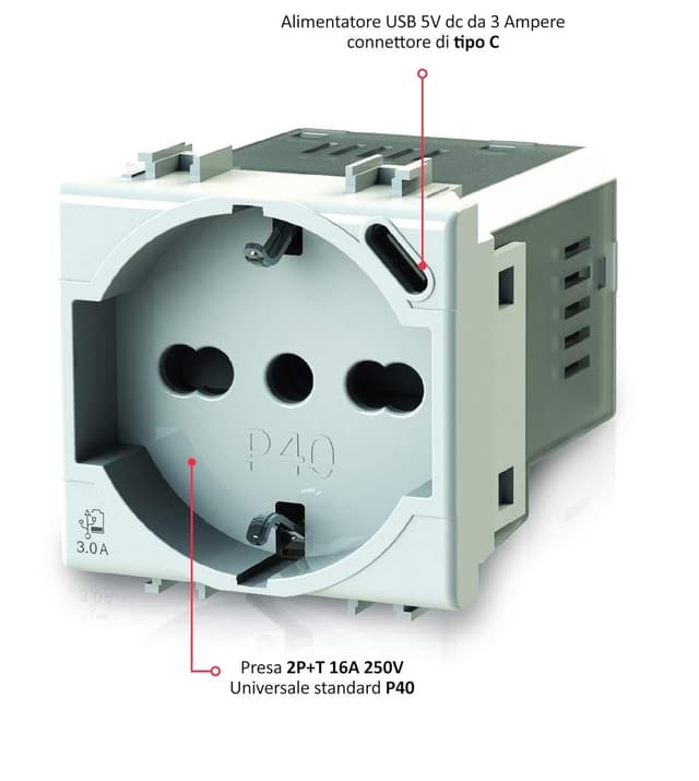 Detalle de 4box P40 USB 3.0 presa Schuko con USB-C compatibile Bticino LivingLight Bianca