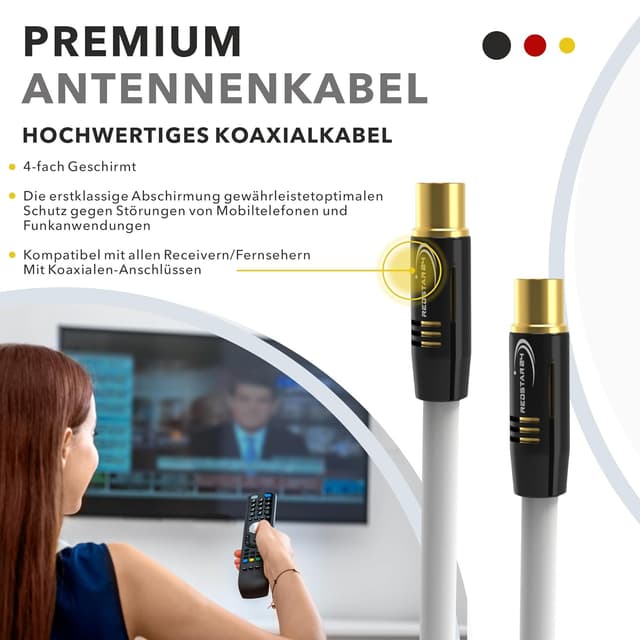 Detalle de RedStar24 Antennenkabel 30 m in Weiß – Koaxial IEC Stecker auf Buchse für DVB-T/T2, DVB-C, DAB