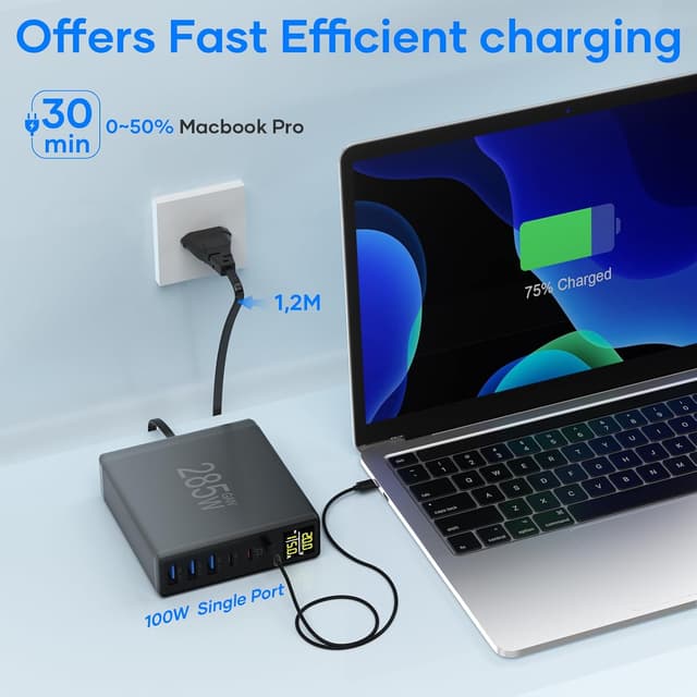 Detalle 2 de YSYFAD 285W caricatore USB-C multiplo 6 porte con display LED e tecnologia GaN