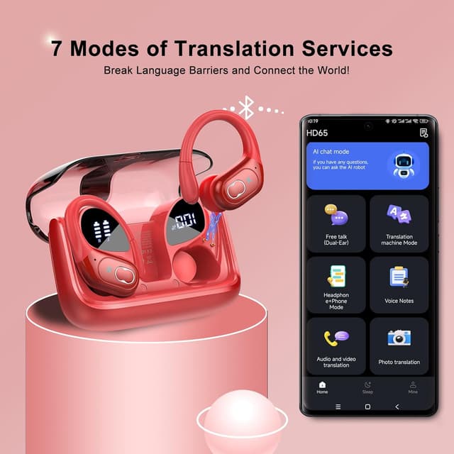 Detalle de AI Traducteur Vocal Instantané 3 en 1 (75 h) : écouteur traducteur Bluetooth 5,4 avec 164 langues, modes conversation, appels, mémo (rouge foncé)