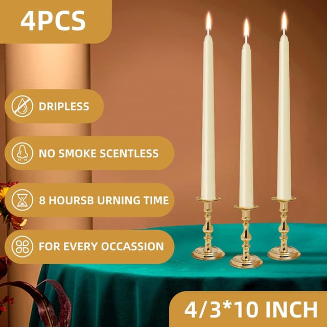 Detalle 2 de 4 Pack Ivory Taper Candles (10 Inch) — Dripless, Smokeless & Unscented, 8-Hour Burn