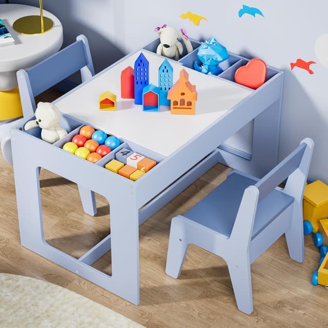 Detalle de Clevich Kindersitzgruppe mit Stauraum, Kindertisch mit 2 Stühlen, Kinder Tisch Stuhl Set mit wendbarer Tischplatte, Packung mit 2 Stühlen, Kinderschreibtisch für Kindertagesstätte, ab 3 Jahren, BlauClevich Kindersitzgruppe mit Stauraum, Kindertisch…