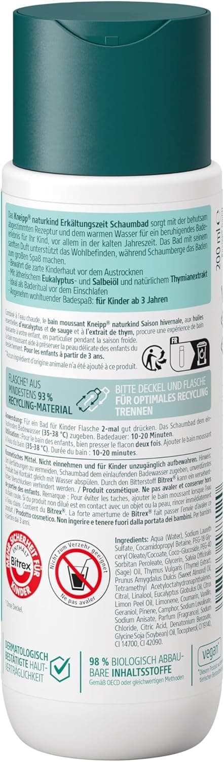 Detalle 2 de Kneipp Naturkind Bagno di schiuma per il raffreddore (timo, salvia, eucalipto) 200 ml