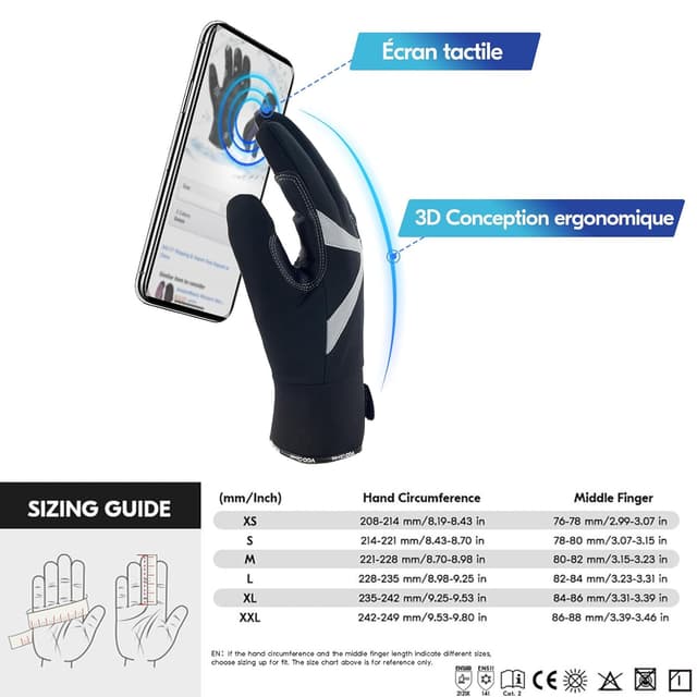 Detalle 2 de Vgo... 2 paires de gants de travail hiver étanches, Thinsulate avec écran tactile (SL8777FW) noir, taille XL