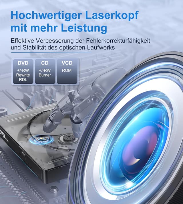 Detalle de Externes CD/DVD-Laufwerk USB 3.0 (Typ-C) mit SD/TF-Kartenleser und 2× USB-A – portable RW für Laptop & Desktop