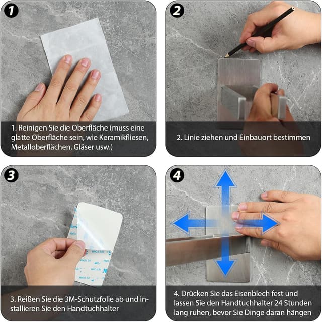 Detalle de JS Edelstahl Handtuchhalter selbstklebend, doppelter Handtuchstange ohne Bohren für Bad & Küche (silber)