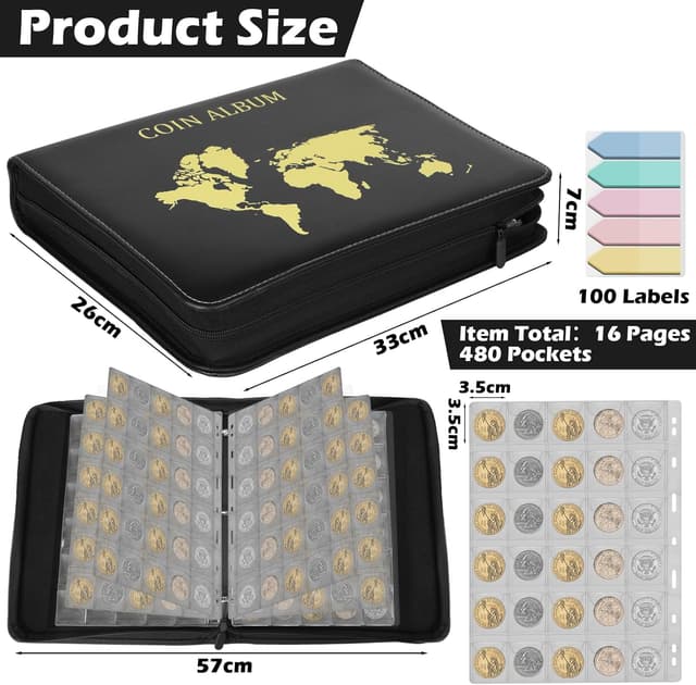 Detalle de KOMABLEN 480 Tasche Raccoglitore Monete con Cerniera, 16 Pagine 35x35 mm