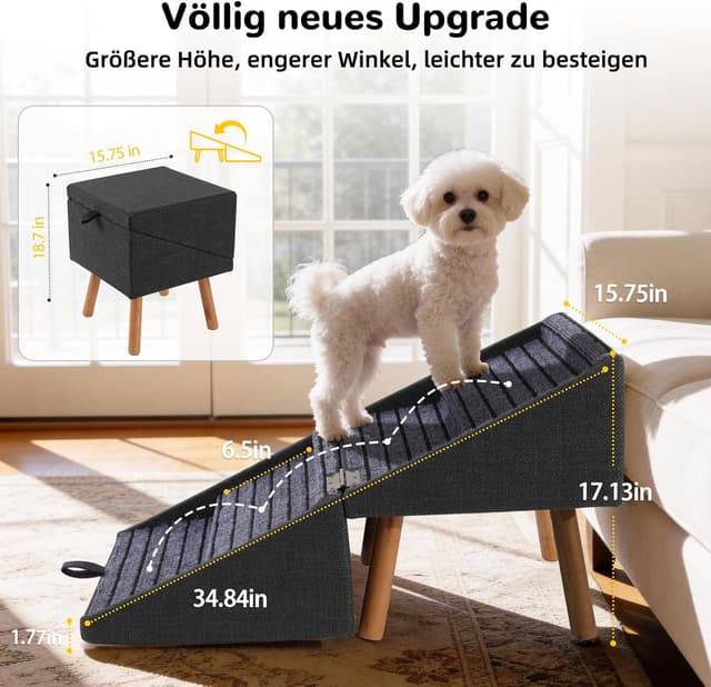 Detalle de Ziluce Hundetreppe für kleine Hunde (2-in-1-Trittleiter & Ottomane, schwarz) – zusammenklappbar