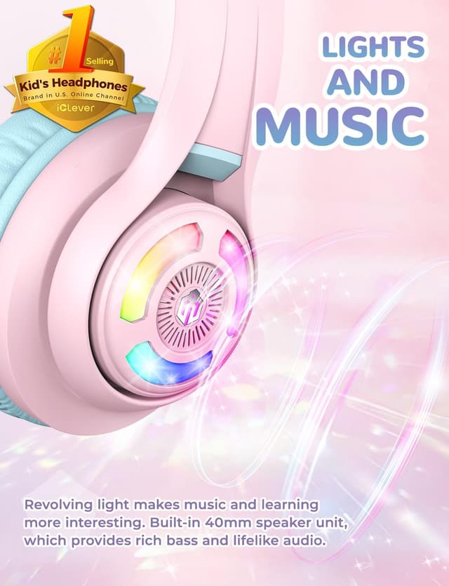 Detalle 2 de iClever Kids BTH13 Bluetooth Cat Ear Headphones with LED Lights and Volume Limiting (Wireless + 3.5mm)