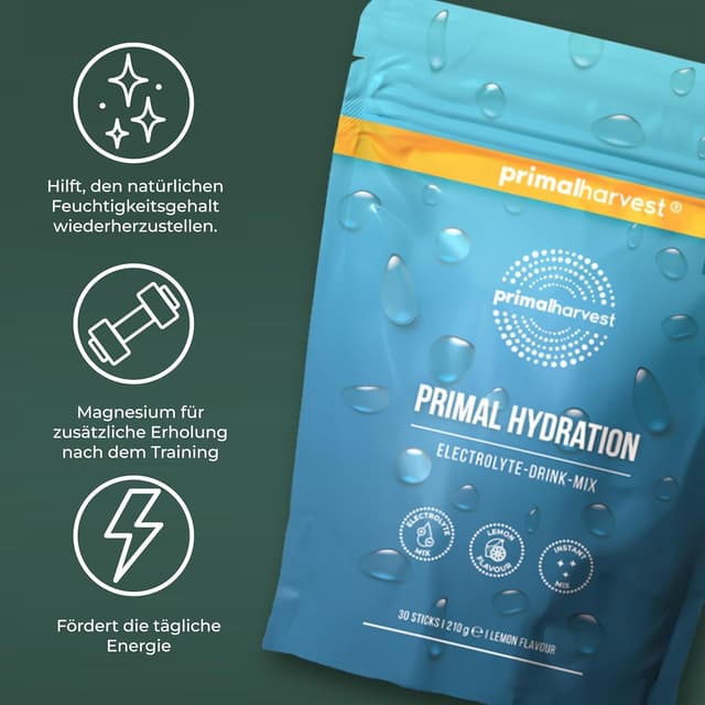 Detalle 2 de Primal Harvest Primal Hydration – elektrolytisches isotonisches Getränk in Einzelportionen (30 Portionen)