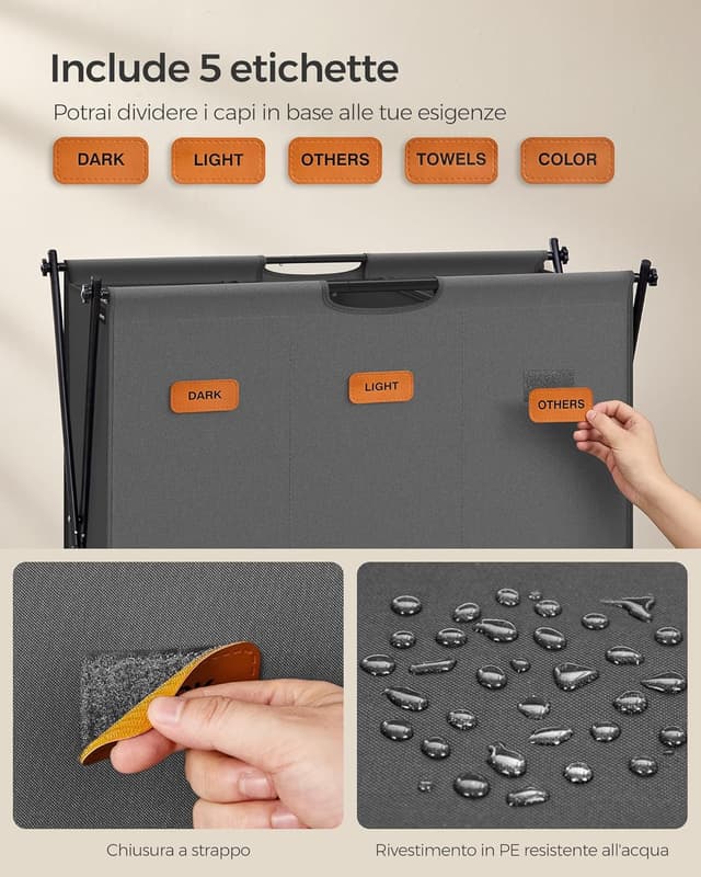 Detalle de SONGMICS LCB130G01 cesto portabiancheria pieghevole da 135 L con 3 scomparti e etichette