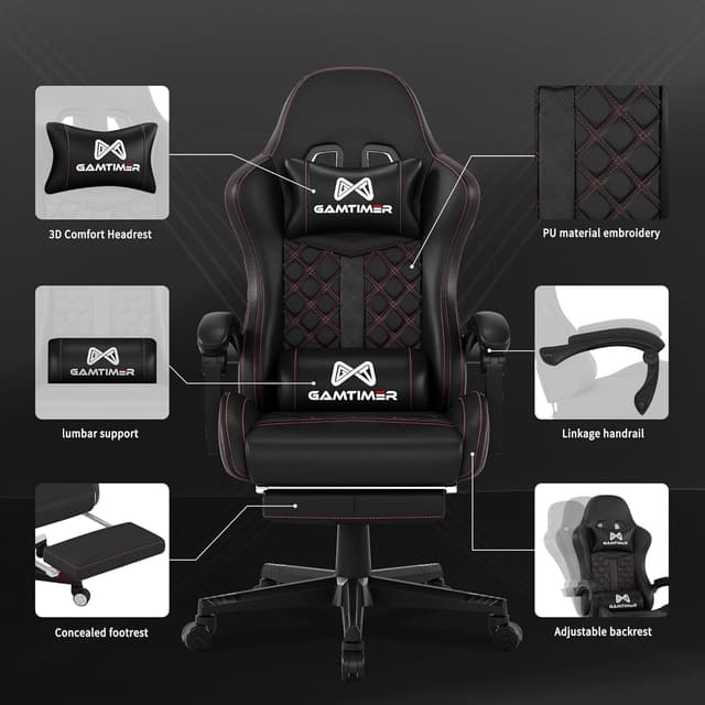 Detalle de Gamtimer Gaming Chair (400 lbs) with Footrest, Lumbar Support, and High-Back Recline (Black)