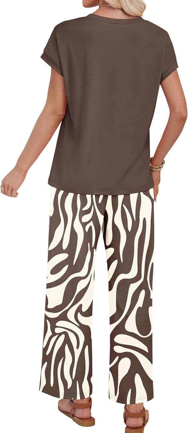 Detalle de WIHOLL Women’s Two-Piece Lounge Set (Round Neck Cap Sleeve Top + Wide-Leg Pants)