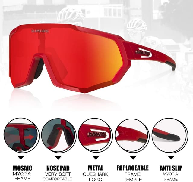 Detalle de Queshark Occhiali Ciclismo Polarizzati con 5 Lenti Intercambiabili in TR90 per corsa, MTB e running