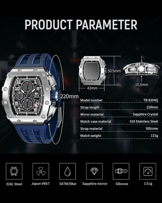 Detalle de TSAR BOMBA TSAR BOMBA Luxusuhr für Herren mit Quarzwerk, leuchtendem Zifferblatt und 5 ATM