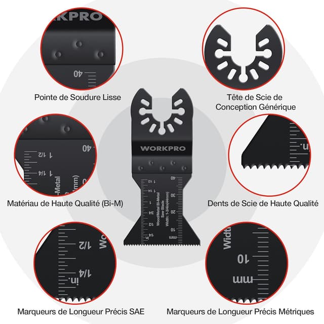 Detalle de Coffret de 22 lames de scie oscillante WORKPRO 22Pcs (universelles) pour bois, métal, plastique et clous