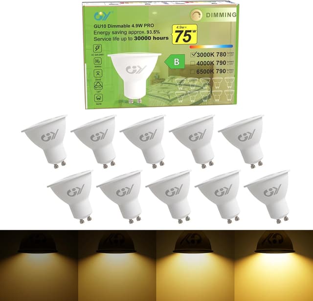 Detalle de GY GU10 dimmbare LED-Lampe, 4,9 W warmweiß (3000 K) – ersetzt 75 W, 120° Abstrahlwinkel, 10er-Pack