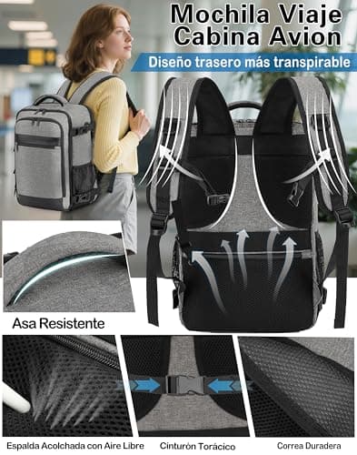 Detalle de KLOSTAIN Mochila de cabina para avión 40x20x25 (20L) con bolsillo antirrobo y para portátil de 14